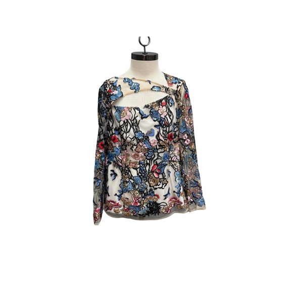 Alexia Admor L Floral Embroidered Mesh Top Multicolor Long Sleeve